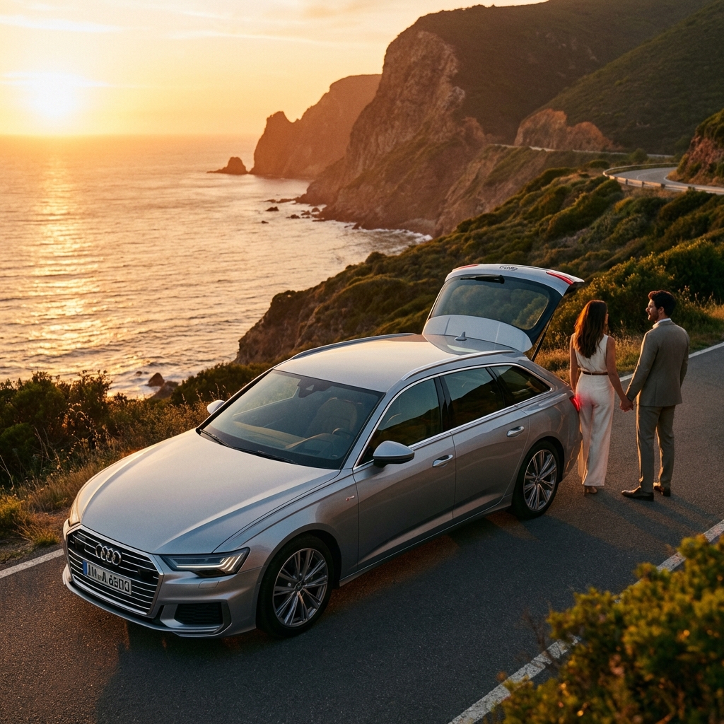 Mietwagen Roadtrip bei Sonnenuntergang